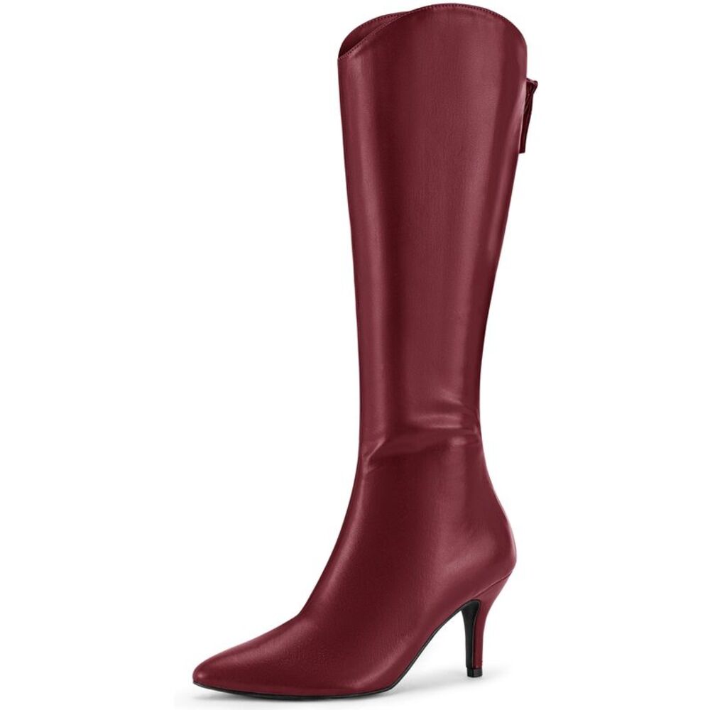 Pointed Toe Stiletto Heel Knee High Boots Burgundy